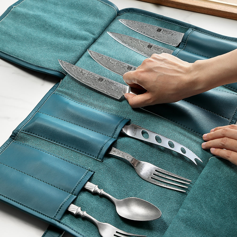 XINZUO 1PC Professional Chef Knife Roll Bag – 8 Slots, Microfiber Leather & Thickened Canvas, Available in Black or Blue,Durable Knife Storage & Travel Case for Chefs, Culinary Students & Home Cooks