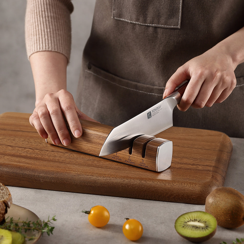 XINZUO 1PC 3-in-1 Knife Sharpener Diamond & Ceramic System Ash Wood & Walnut Wood Option，Scientific and Efficient Sharpening