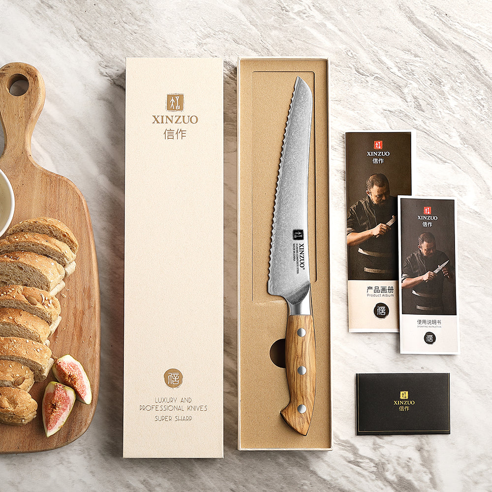 XINZUO Serrated Bread Knife - Triple-Layer Composited Steel with Olive Wood Handle, Razor Sharp & Ergonomic Design-PIN Series