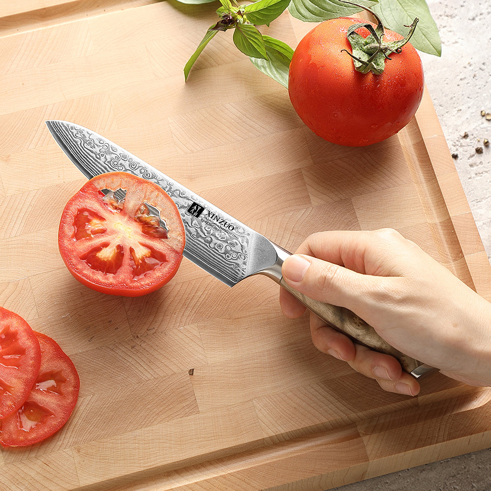XINZUO Customized 5.2'' Inch Utility Knife 67-Layer Damascus Steel With Figured Sycamore Wood Handle Perfect Gift For Cooks