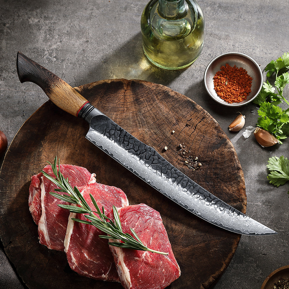 XINZUO 10 Inch Carving Knife 67 Layers Damascus Steel with Burnt Oak Handle - Precision Slicing Knife for Meat, Poultry & Roasts