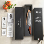 XINZUO Xing Series 7.2 Inches Santoku Knife,73-Layer Damascus – Powder Steel Core (14Cr14MoVNb), Ergonomic Rosewood & Brass Handle, Eco-Friendly Gift Box