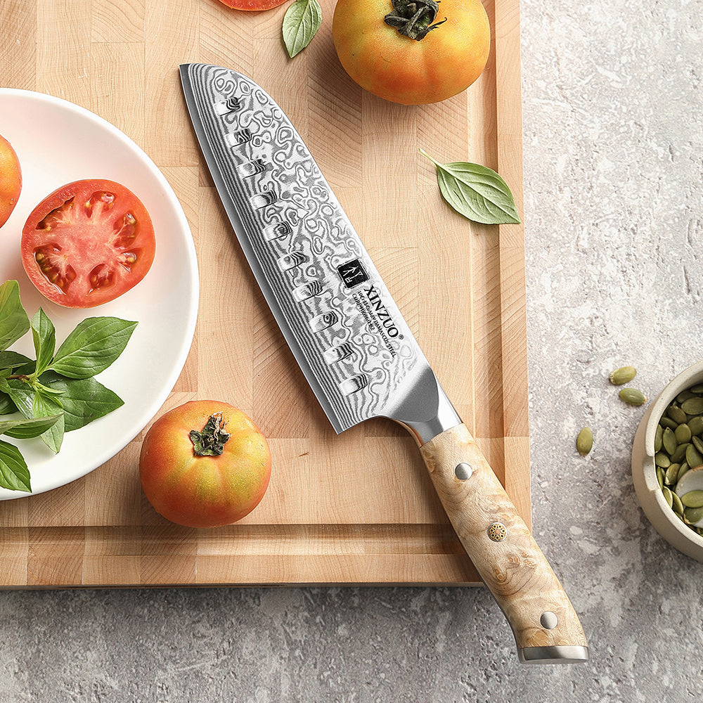 XINZUO 7.1 Inches Santoku Knife 67 Layer Damascus Steel 10Cr15CoMoV Core 60±2 HRC Handmade Kitchen Knife