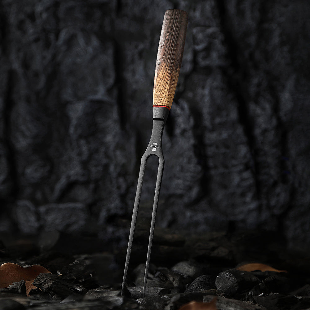 XINZUO 6 Inch Carving Fork with Burnt Oak Handle - Professional Meat Fork for Roasts, BBQ and Serving