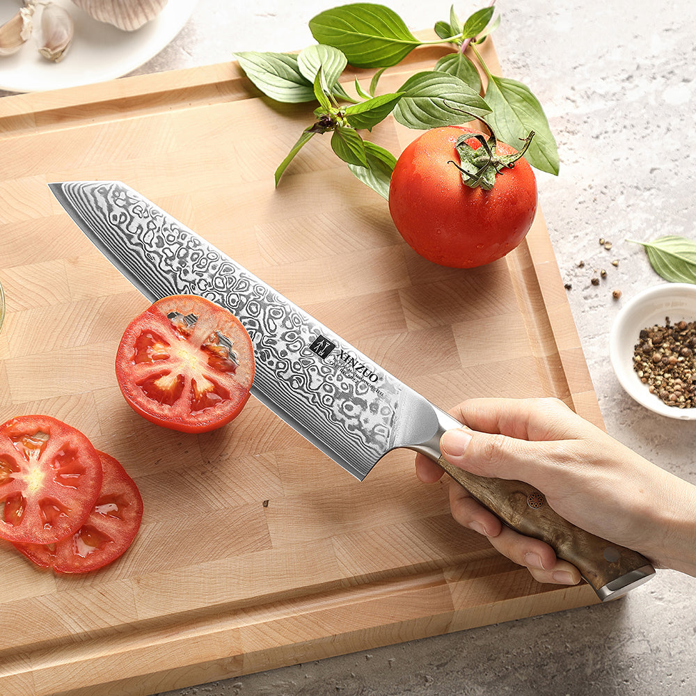 XINZUO 8.3" Bunka Knife 67-Layer Damascus Steel Kitchen Knife 10Cr15CoMoV Steel Core 60±2 HRC Hand-Sharpened 15° Edge Figured Sycamore Wood Handle