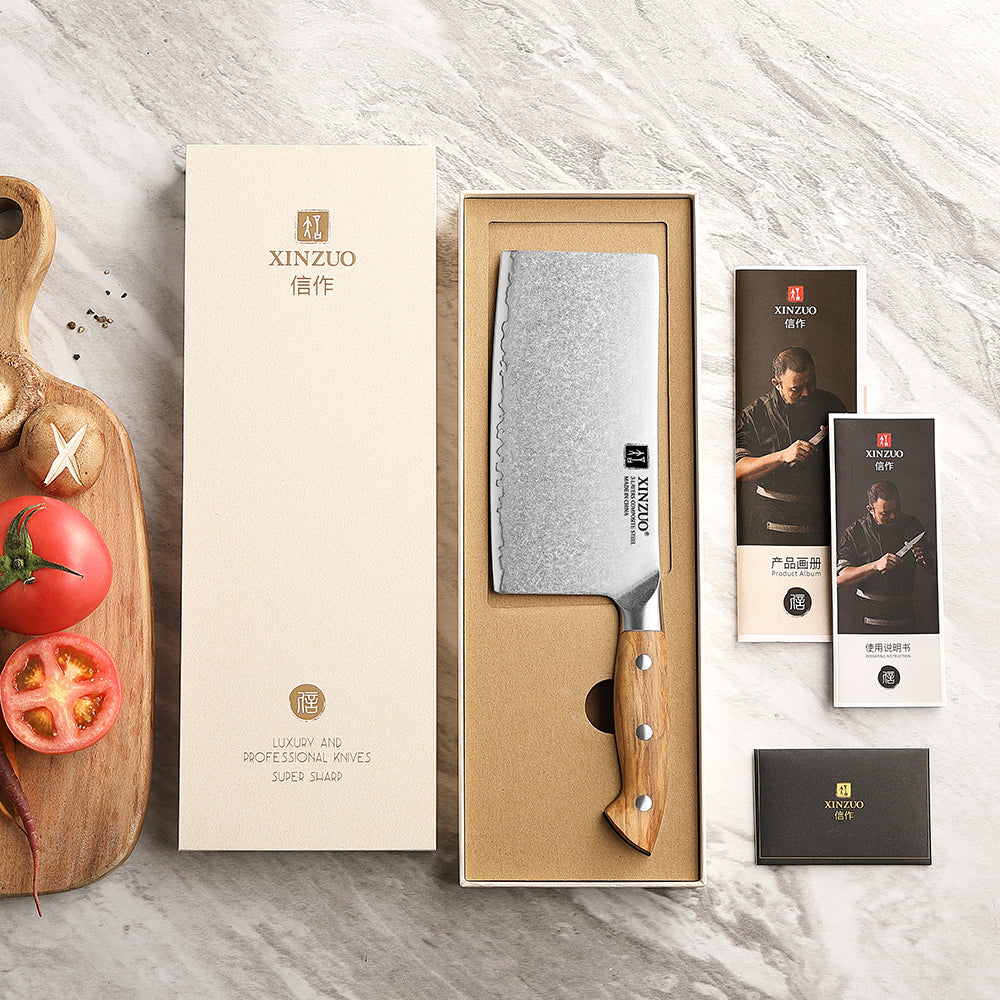 XINZUO Professional Chinese Meat Cleaver Knife - Triple-Layer Composited Steel with Olive Wood Handle, Razor Sharp & Ergonomic Design-PIN Series