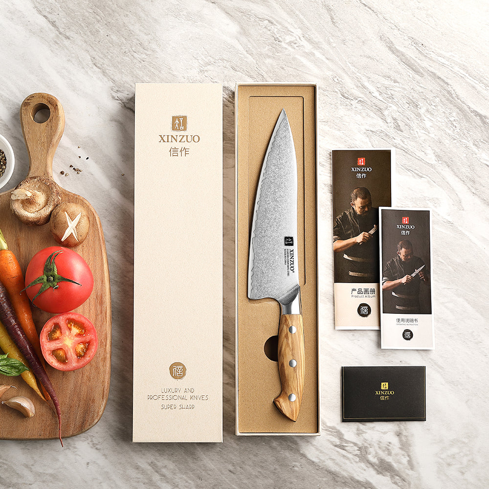 XINZUO Professional Chef Knife - Triple-Layer Composited Steel with Olive Wood Handle, Razor Sharp & Ergonomic Design-PIN Series
