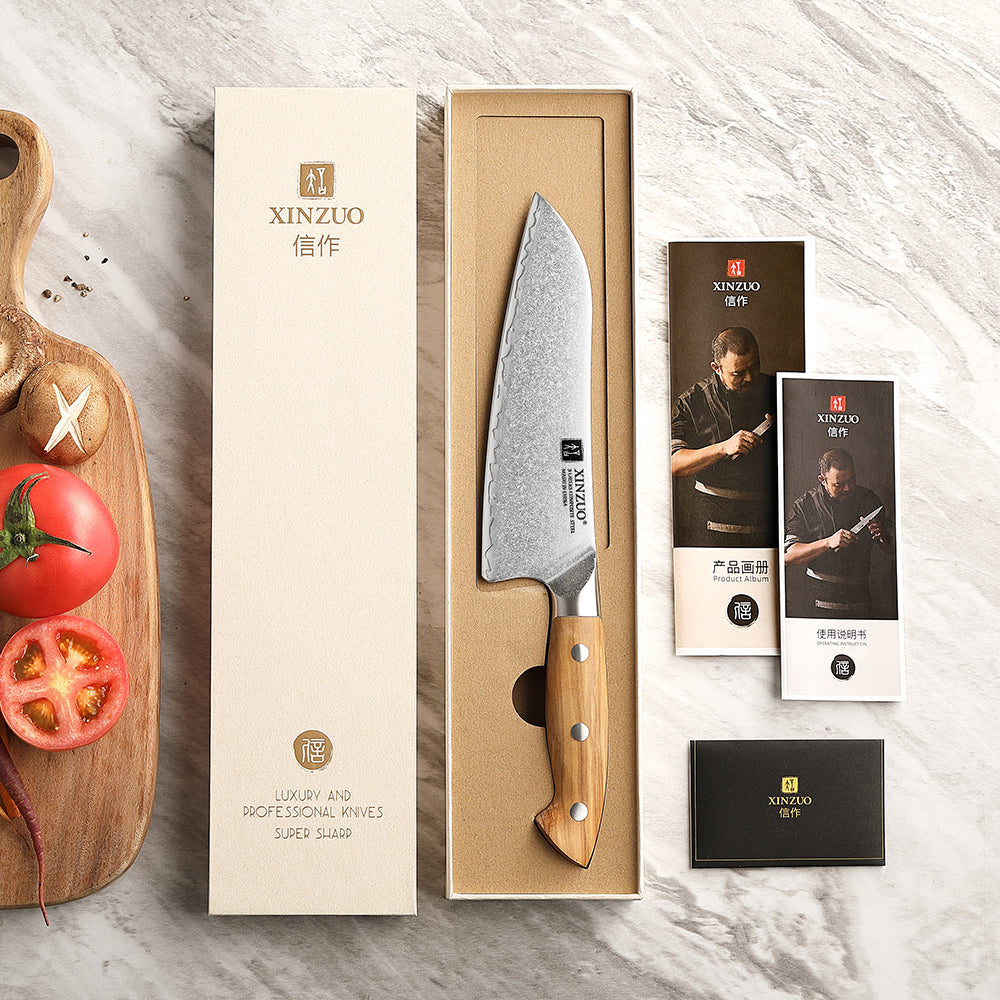 XINZUO Professional Santoku Knife - Triple-Layer Composited Steel with Olive Wood Handle, Razor Sharp & Ergonomic Design-PIN Series