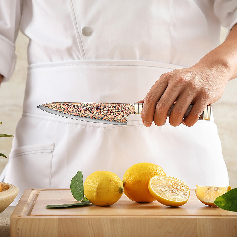 XINZUO 5.3 Inches Kitchen Utility Knife, 53-Layer Tri-Color Copper Damascus Steel,Rosewood Handle,Acacia Wooden Gift Box Packing