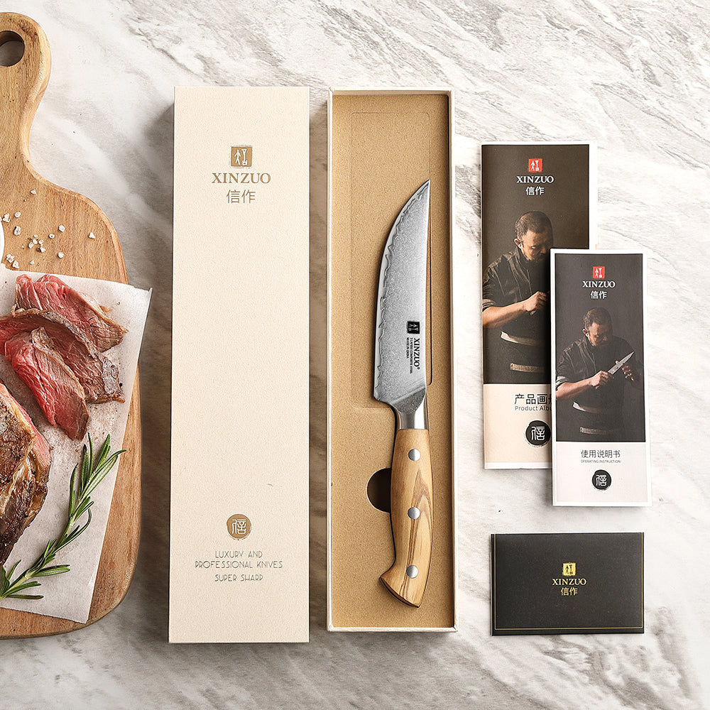 XINZUO Single Steak Knife - Triple-Layer Composited Steel with Olive Wood Handle, Razor Sharp & Ergonomic Design-PIN Series