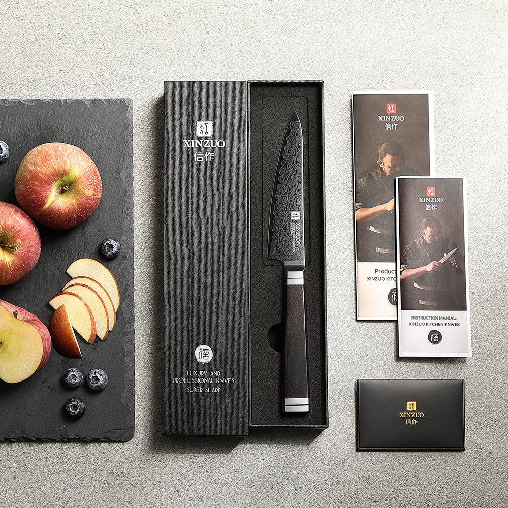 XINZUO Premium 5.3" Damascus Steel Utility Knife - 67 Layers Damascus Steel, 60±2 HRC, Black Titanium Plated, Full Tang, Professional Kitchen Knife