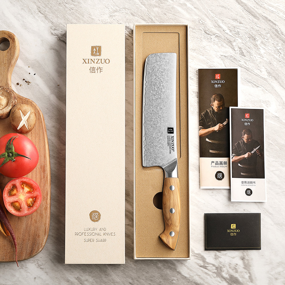 XINZUO Japanese Nakiri Knife - Triple-Layer Composited Steel with Olive Wood Handle, Razor Sharp & Ergonomic Design-PIN Series
