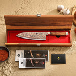 XINZUO 7 Inches Santoku Knife, 53-Layer Tri-Color Copper Damascus Steel,Rosewood Handle,Acacia Wooden Gift Box Packing
