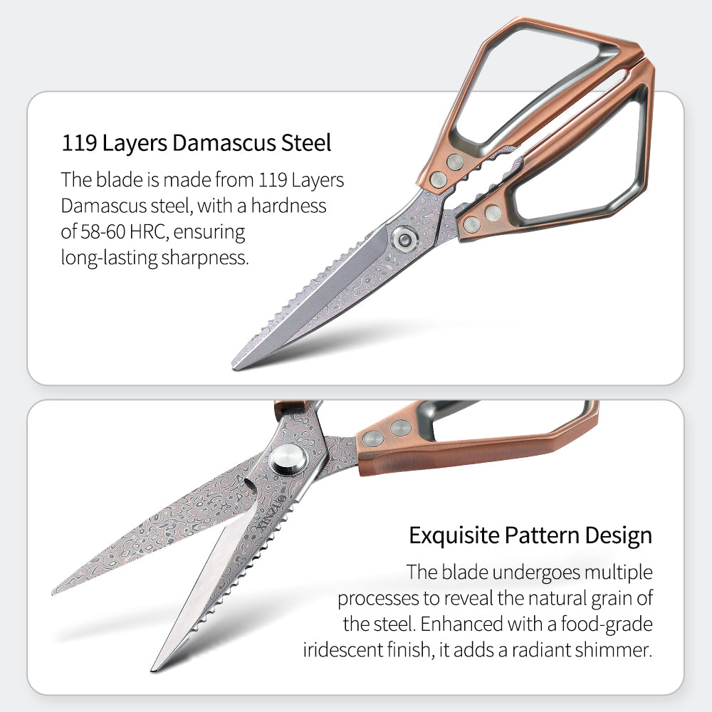 XINZUO Damascus Steel Kitchen Scissors 119 Layers Damascus Steel Antique Bronze Multi-Function Kitchen Scissors