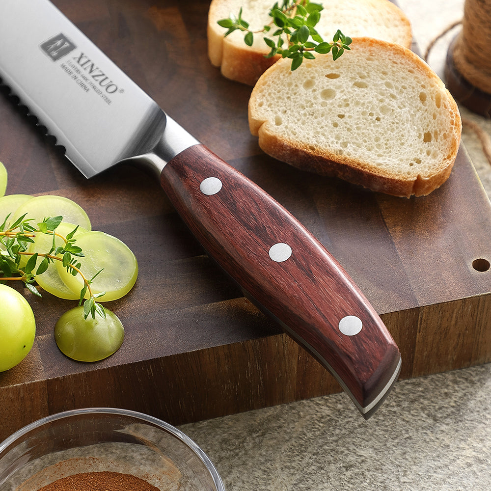 XINZUO 8.2 Inches Bread Knife 3 Layers Composite Steel 440C Steel Core With Nature Red Wood Handle