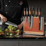 XINZUO Acacia Wood Dual-Side Magnetic Knife Holder with Leather | Raw & Cooked Food Zone Separation for Maximum Hygiene
