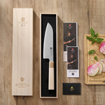 XINZUO 7.5 Inches Santoku Knife, Japanese Aogami #2 Steel, 62-64HRC, Ergonomic Octagonal Handle, Exquisite Gift-Ready Packaging