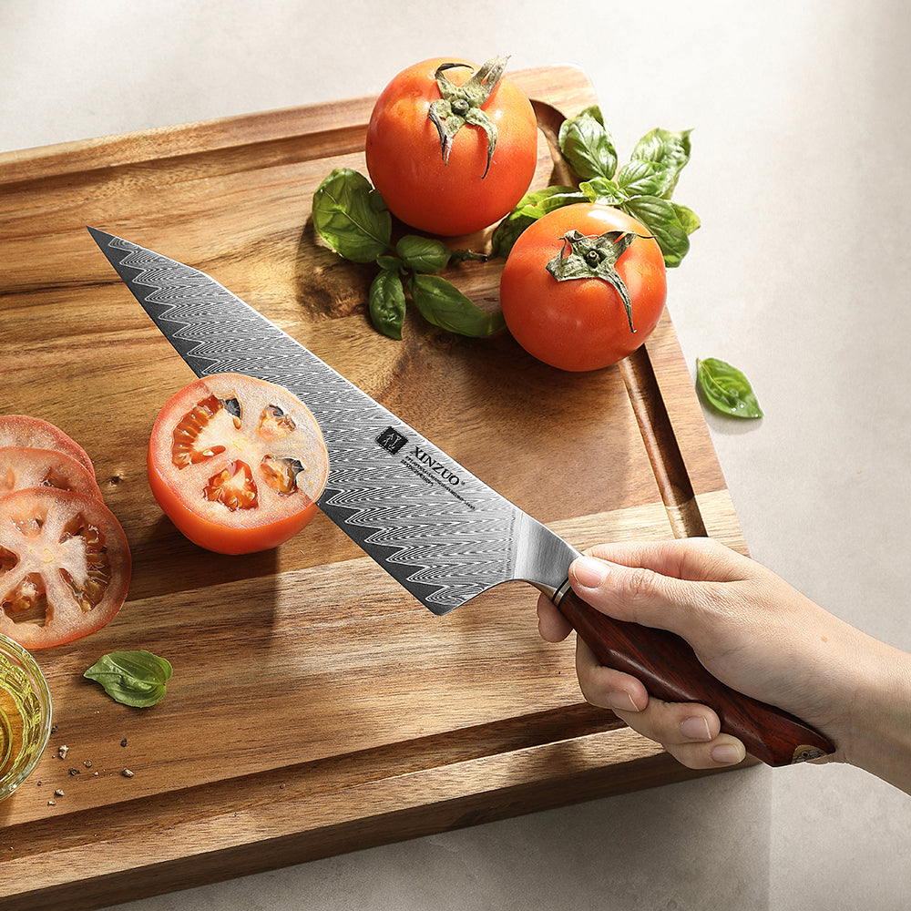 XINZUO Xing Series 73-Layer Damascus Steel 8.2”Bunka Knife – 14Cr14MoVNb Core, Rosewood & Brass Rivets Handle