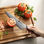 XINZUO Xing Series 73-Layer Damascus Steel 8.2”Bunka Knife – 14Cr14MoVNb Core, Rosewood & Brass Rivets Handle