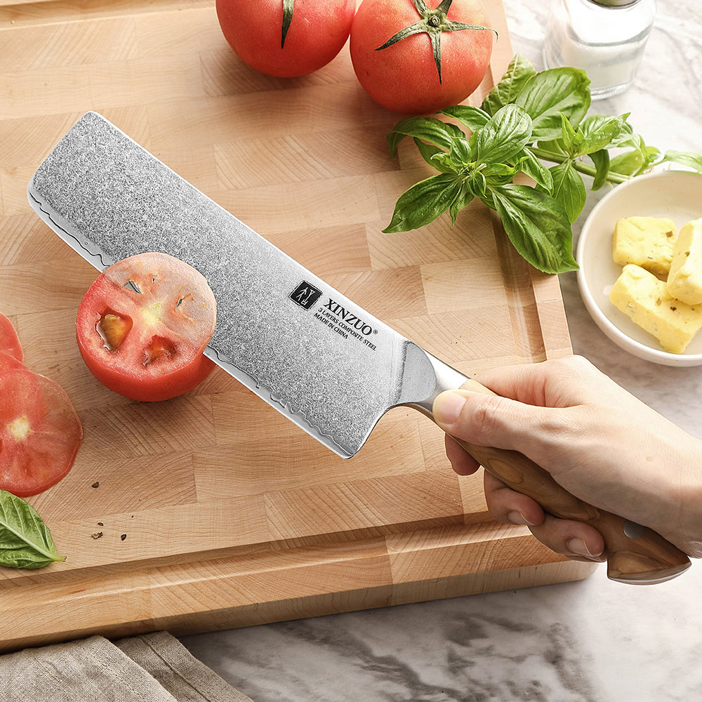 XINZUO Japanese Nakiri Knife - Triple-Layer Composited Steel with Olive Wood Handle, Razor Sharp & Ergonomic Design-PIN Series