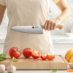 XINZUO Granton Edge Chef Knife - Triple-Layer Damascus Steel with Olive Wood Handle, Non-Stick & Razor Sharp-PIN Series