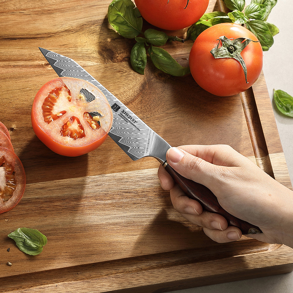 XINZUO Xing Series Hand-forged 5.1 Inches Utility Knife 73-Layer Pattern Damascus Steel - Ultra-Sharp Multi-Purpose Cooking Knife