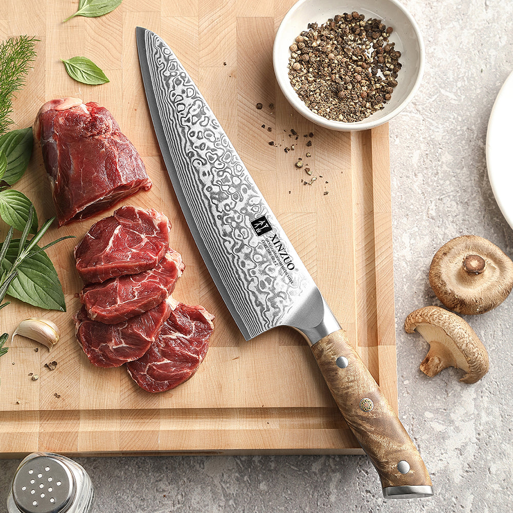 XINZUO 8.3” Chef Knife 67-Layer Damascus Steel 10Cr15CoMoV Core 60±2HRC Handmade with Figured Sycamore Wood Handle