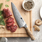 XINZUO 8.3” Chef Knife 67-Layer Damascus Steel 10Cr15CoMoV Core 60±2HRC Handmade with Figured Sycamore Wood Handle