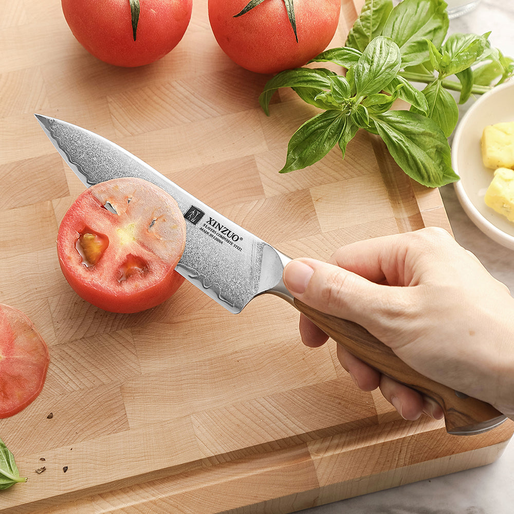 XINZUO 5.3 Inches Kitchen Utility Knife - Triple-Layer Composited Steel with Olive Wood Handle, Razor Sharp & Ergonomic Design-PIN Series