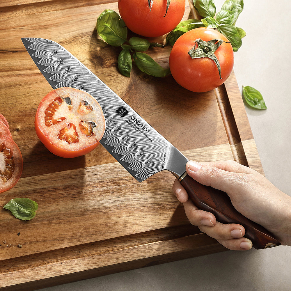 XINZUO Xing Series 7.2 Inches Santoku Knife,73-Layer Damascus – Powder Steel Core (14Cr14MoVNb), Ergonomic Rosewood & Brass Handle, Eco-Friendly Gift Box