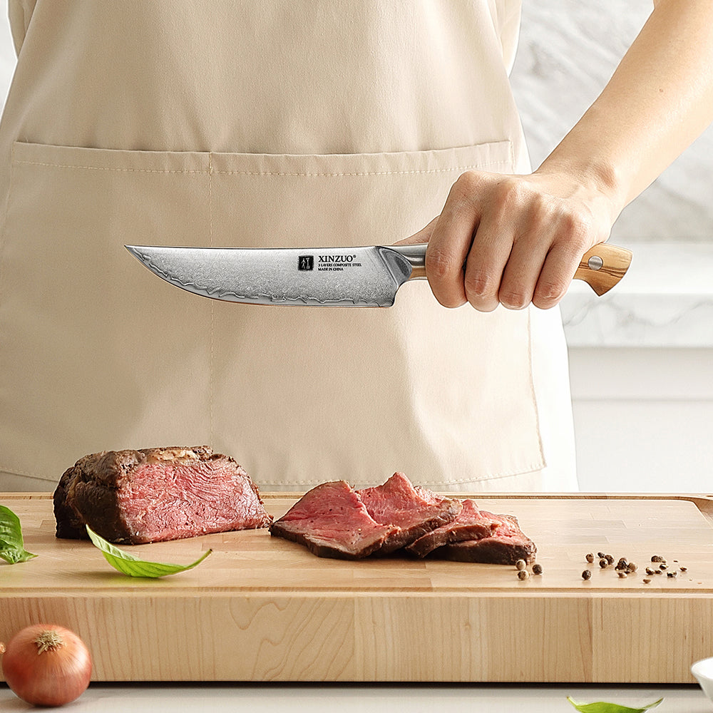 XINZUO 4PCS Steak Knife Set - Triple-Layer Composited Steel with Olive Wood Handle, Razor Sharp & Ergonomic Design-PIN Series