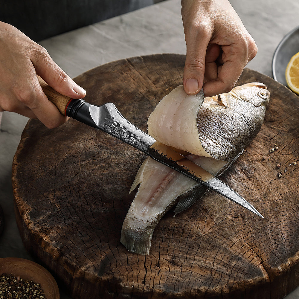 XINZUO 7.5 Inch Flexible Fillet Knife 67 Layers Damascus Steel with Burnt Oak Handle – Precision Fish & Boneless Meat Preparation Tool