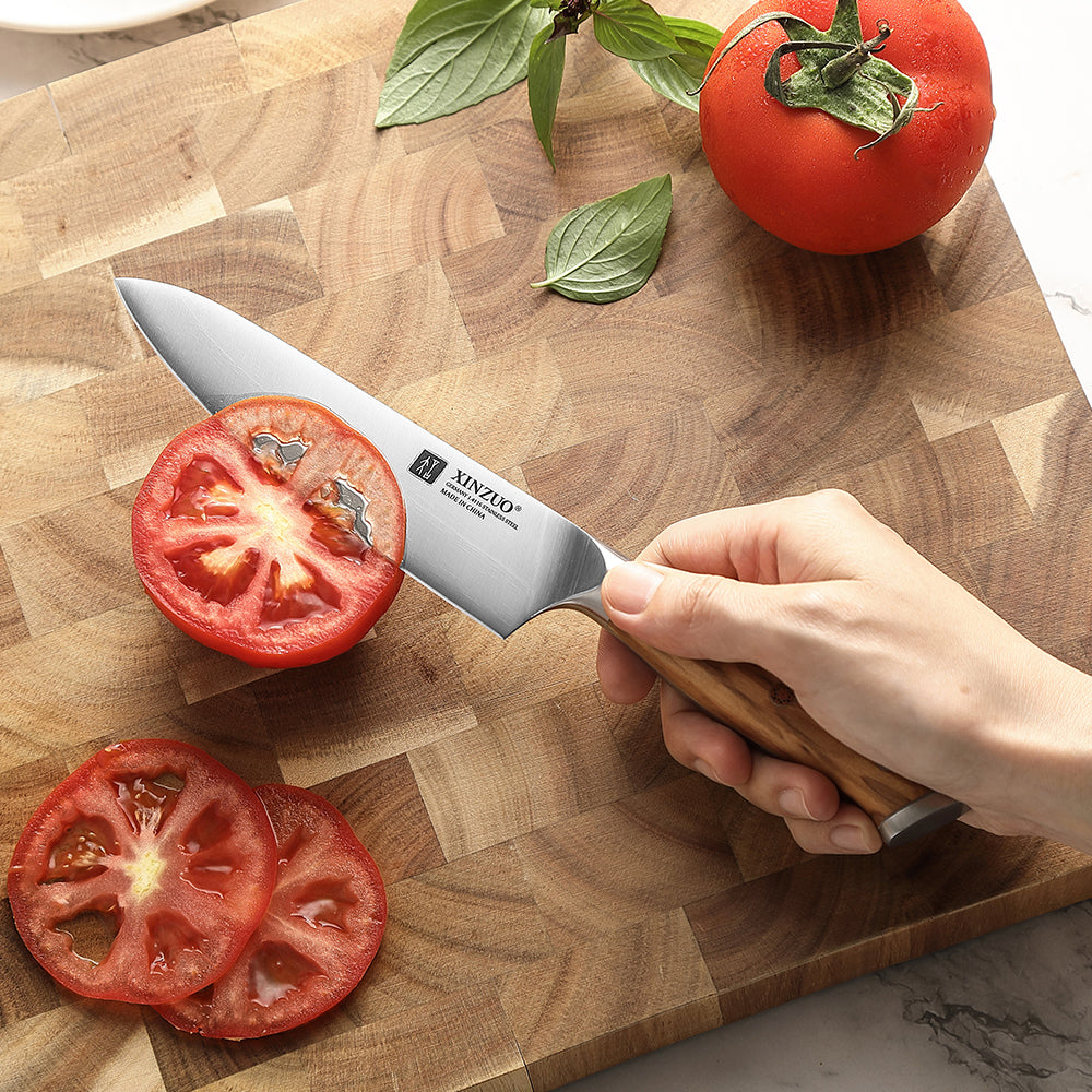XINZUO Kitchen Knife 5.2 Inches Utility Knife Classic Design Slice Premium Olive Wood Handle Shred or Dice