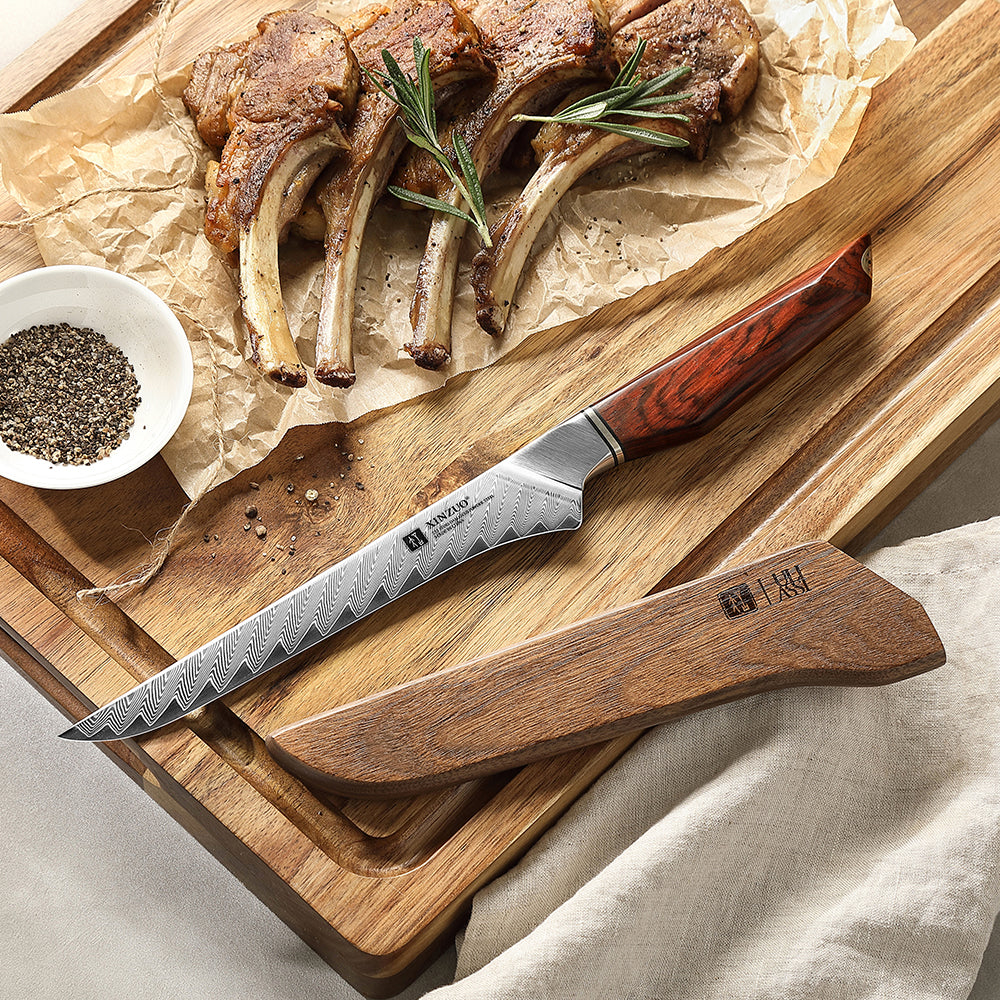 XINZUO Xing Series Ergonomic Rosewood Boning Knife –73 Layers Damascus Steel With 14Cr14MoVNb Core