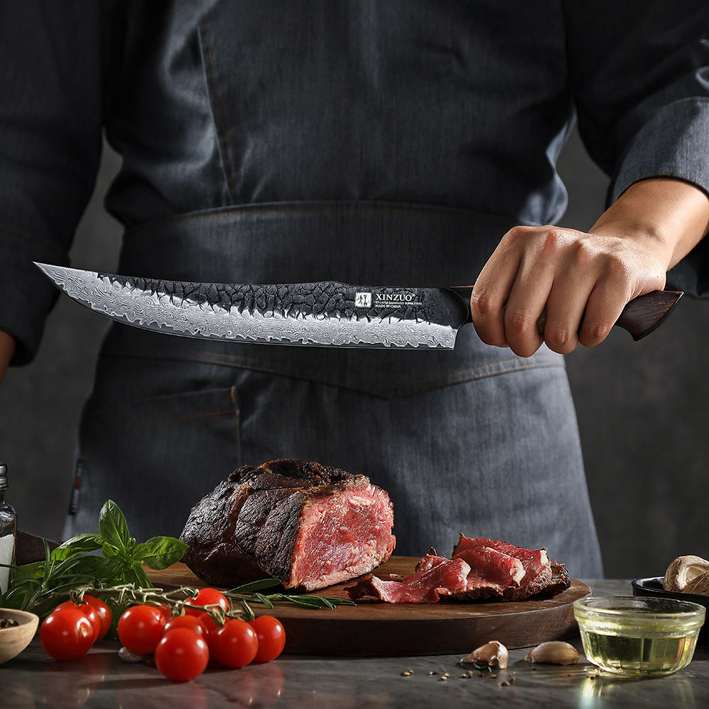 XINZUO 10 Inch Carving Knife 67 Layers Damascus Steel with Burnt Oak Handle - Precision Slicing Knife for Meat, Poultry & Roasts