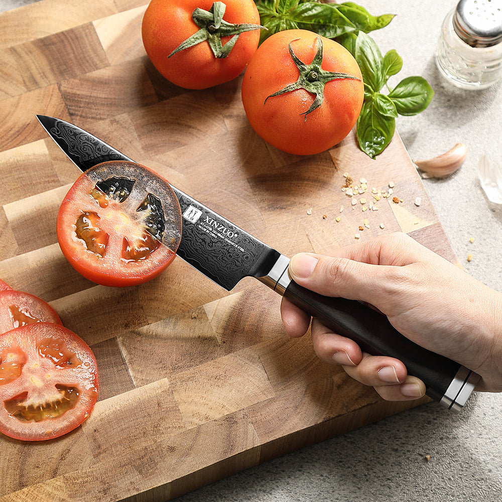 XINZUO Premium 5.3" Damascus Steel Utility Knife - 67 Layers Damascus Steel, 60±2 HRC, Black Titanium Plated, Full Tang, Professional Kitchen Knife