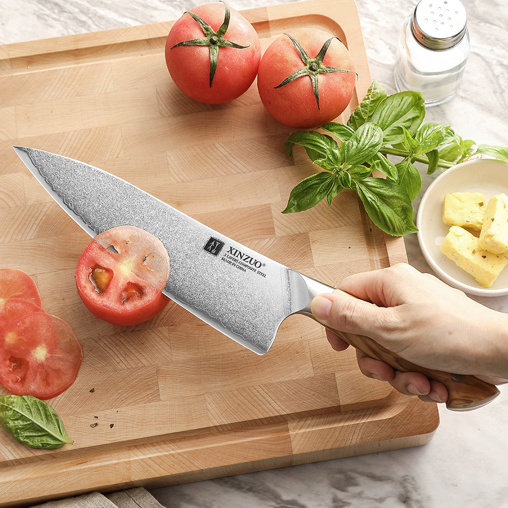 XINZUO Professional Chef Knife - Triple-Layer Composited Steel with Olive Wood Handle, Razor Sharp & Ergonomic Design-PIN Series