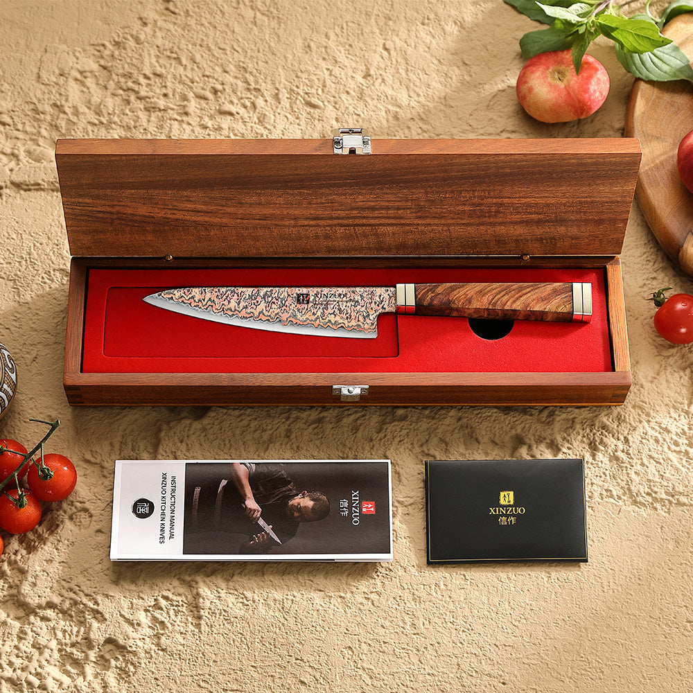 XINZUO 5.3 Inches Kitchen Utility Knife, 53-Layer Tri-Color Copper Damascus Steel,Rosewood Handle,Acacia Wooden Gift Box Packing