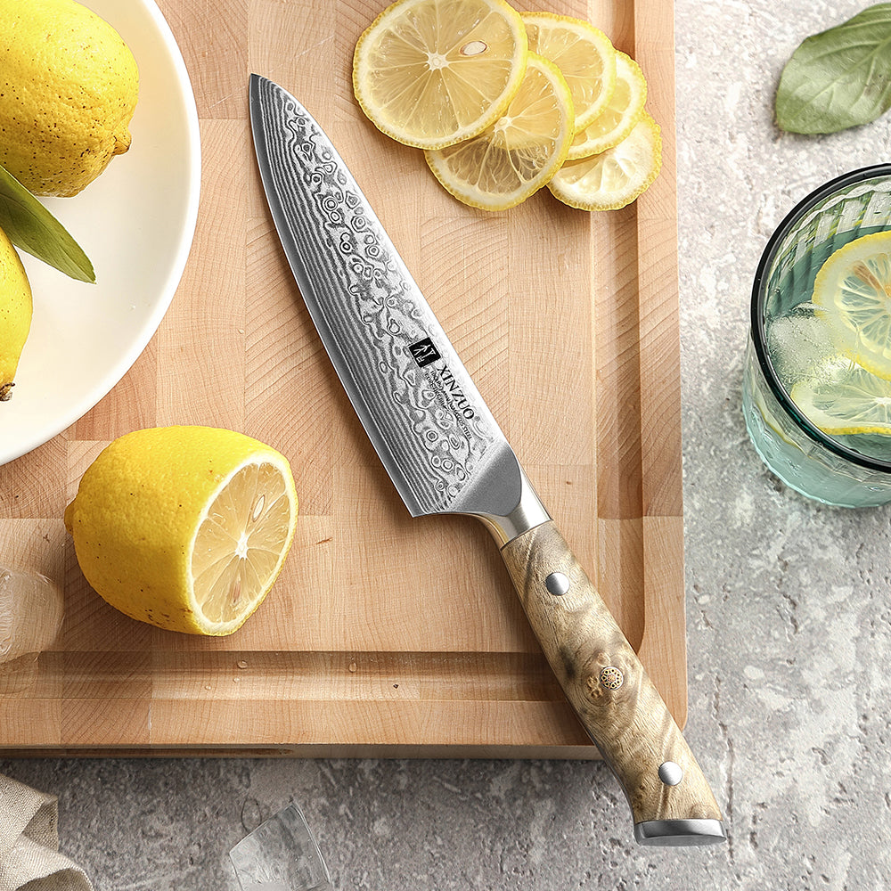 XINZUO Customized 5.2'' Inch Utility Knife 67-Layer Damascus Steel With Figured Sycamore Wood Handle Perfect Gift For Cooks