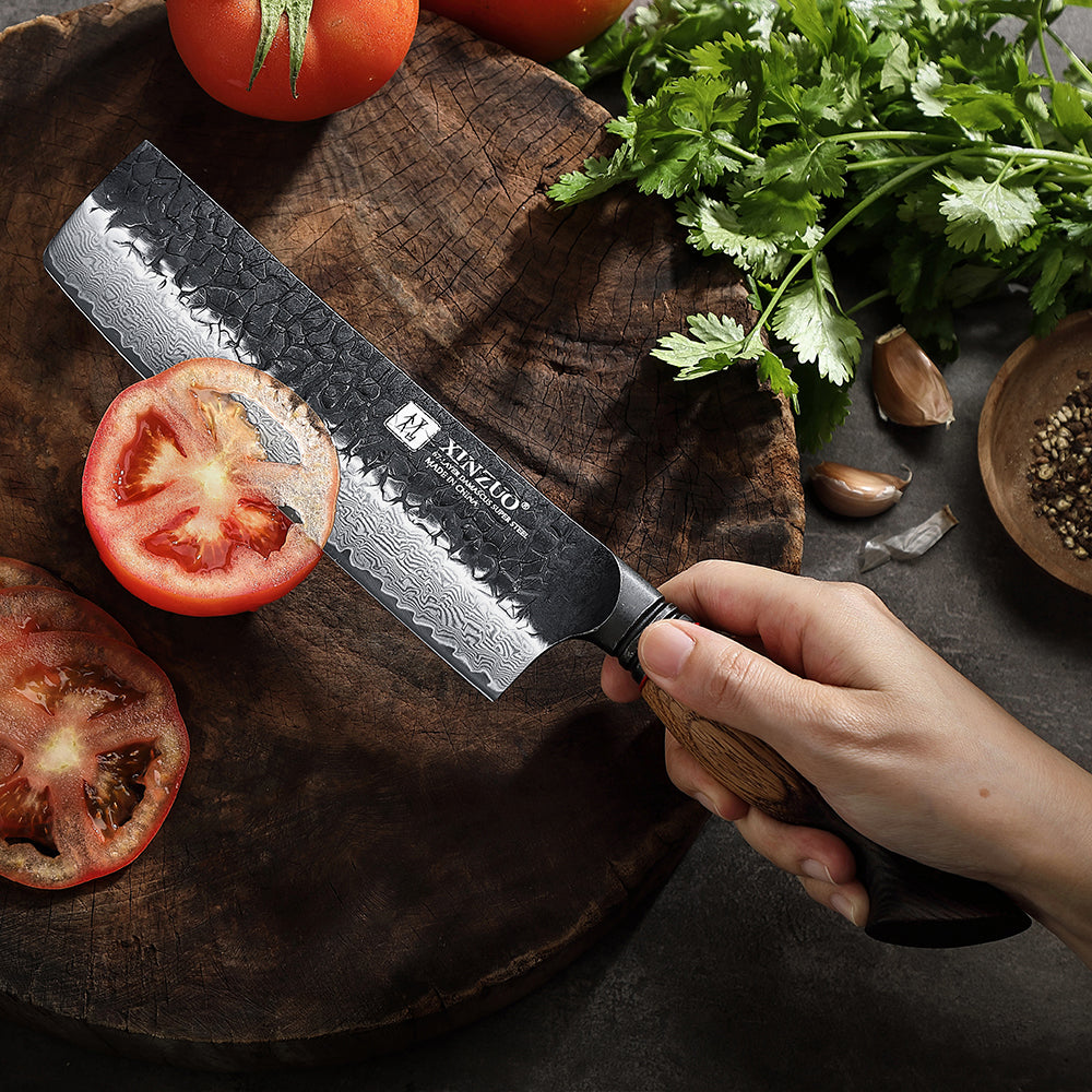 XINZUO 7 Inch Japanese Nakiri Knife, 67 Layers Damascus Steel with Burnt Oak Handle - Precision Vegetable Chef Knife for Professional & Home Use