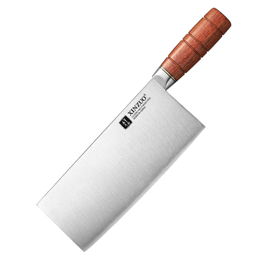 XINZUO 8 Inches Chinese Slicing Knife, 3 Layers Clad Steel with Red Wood Handle & Copper Rivets, 58~60HRC - FU Series