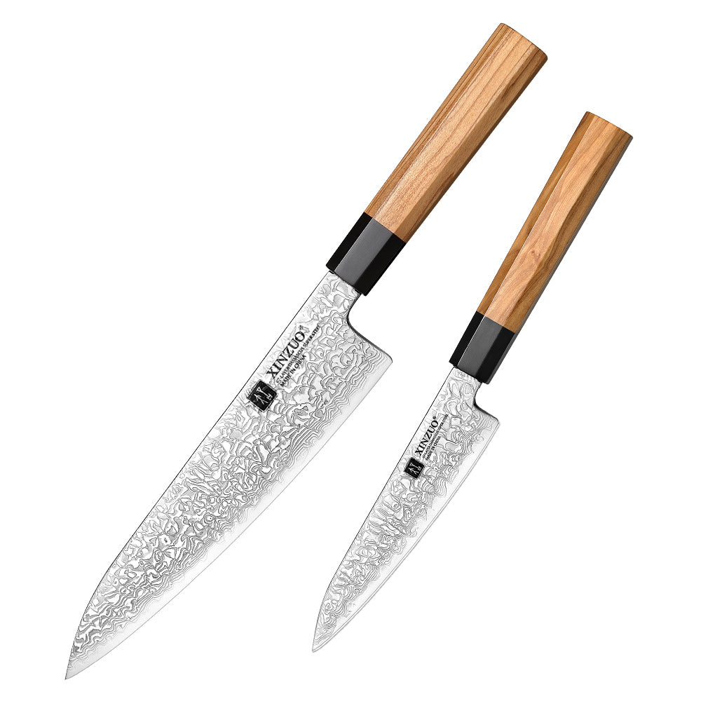 XINZUO 2PCS Knife Set, 67 Layers Damascus Steel Kitchen Knives, 10Cr15CoMoV Steel Core, Ergonomic Handle, Multipurpose Prepping Knives