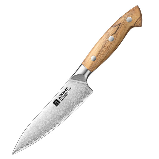 XINZUO 5.3 Inches Kitchen Utility Knife - Triple-Layer Composited Steel with Olive Wood Handle, Razor Sharp & Ergonomic Design-PIN Series