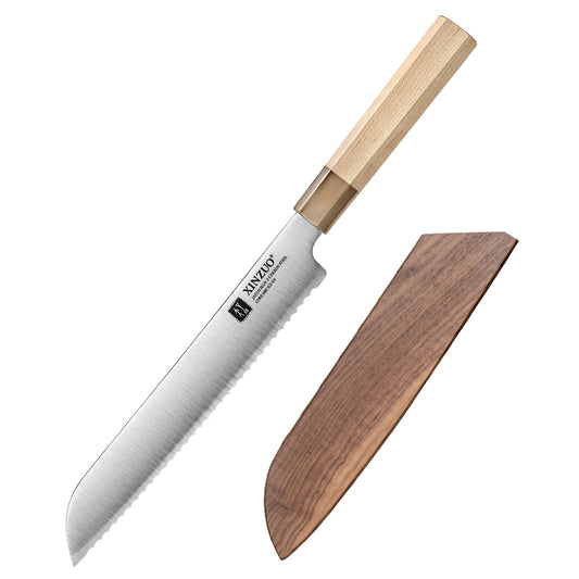 XINZUO 8.7 Inches Bread Knife 3 Layers Composite Steel,Aogami No.2 Carbon Steel Core,Maple Wood & White Buffalo Horn Octagonal Handle