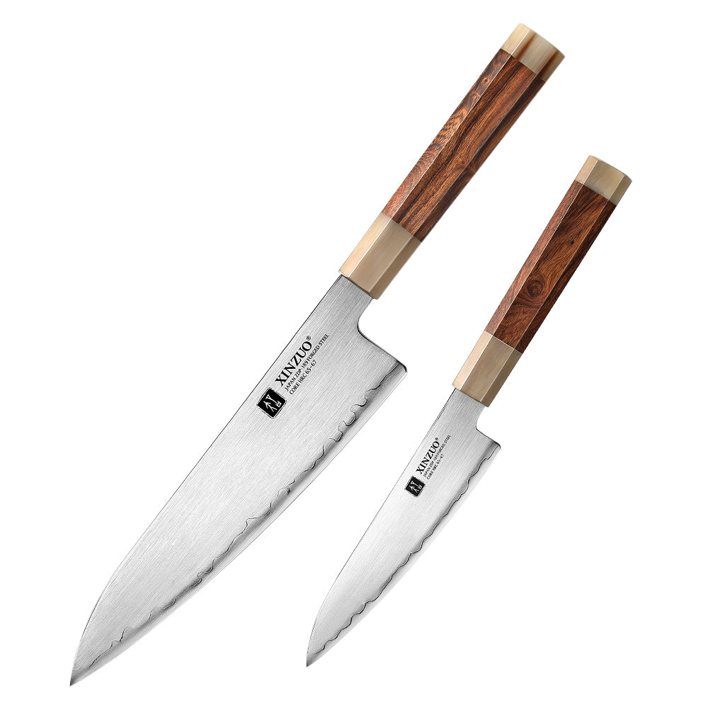 XINZUO 2-Piece Japanese Steel Knife Set — Chef & Utility Knives With ZDP189 Composite Steel | Desert Ironwood Handle