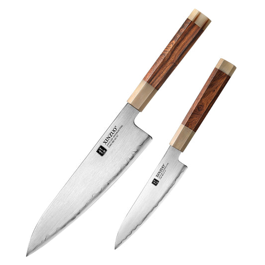 XINZUO 2-Piece Japanese Steel Knife Set — Chef & Utility Knives With ZDP189 Composite Steel | Desert Ironwood Handle