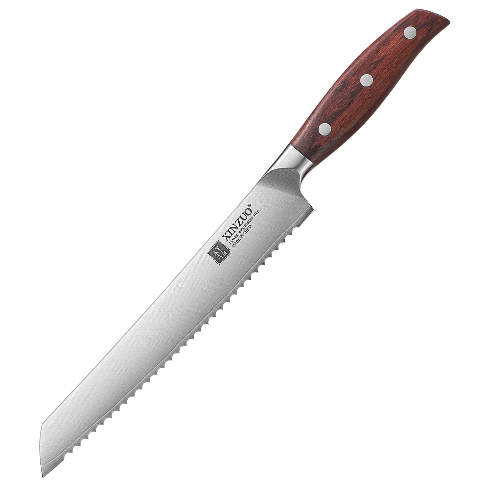 XINZUO 8.2 Inches Bread Knife 3 Layers Composite Steel 440C Steel Core With Nature Red Wood Handle
