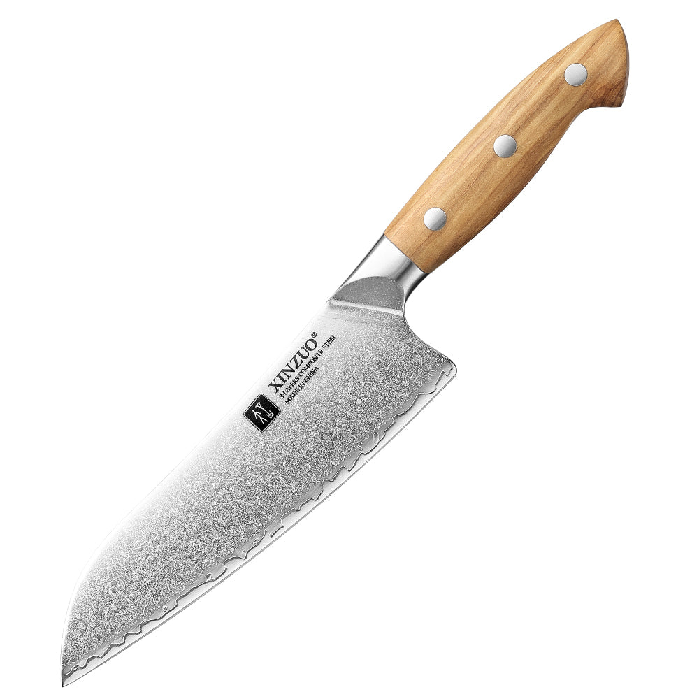 XINZUO Professional Santoku Knife - Triple-Layer Composited Steel with Olive Wood Handle, Razor Sharp & Ergonomic Design-PIN Series
