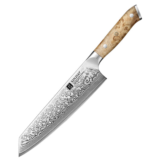 XINZUO 8.3" Bunka Knife 67-Layer Damascus Steel Kitchen Knife 10Cr15CoMoV Steel Core 60±2 HRC Hand-Sharpened 15° Edge Figured Sycamore Wood Handle