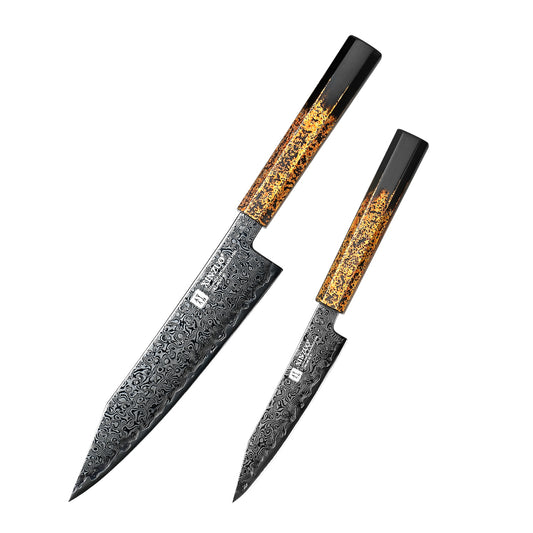 XINZUO 2PCS Damascus Knife Set, 49-Layer ZDP-189 Core,Ebony Octagonal Handle ,Utility & Bunka Kitchen Knife Set